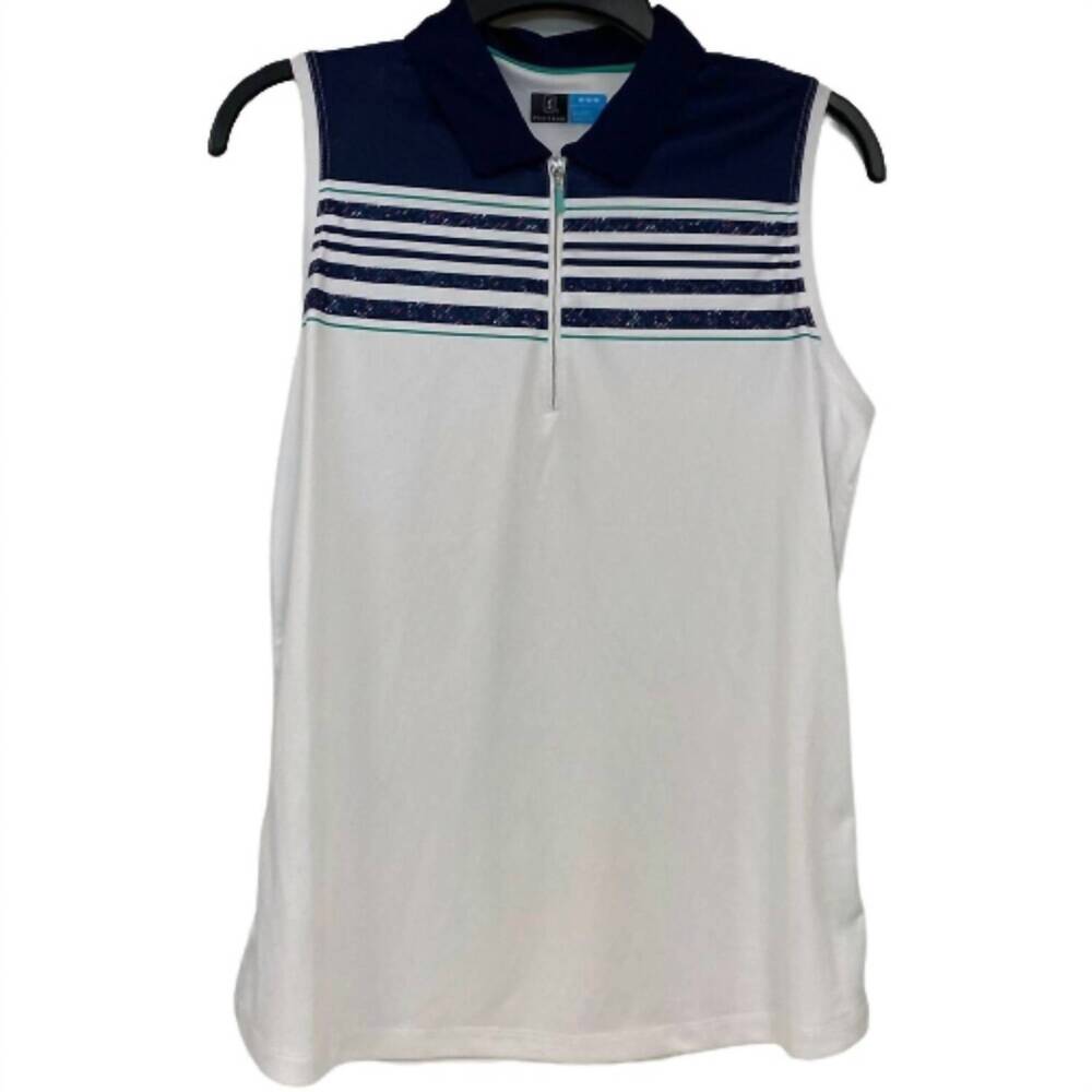 NEW PGA TOUR women's striped zip sleeveless golf polo in brilliant white